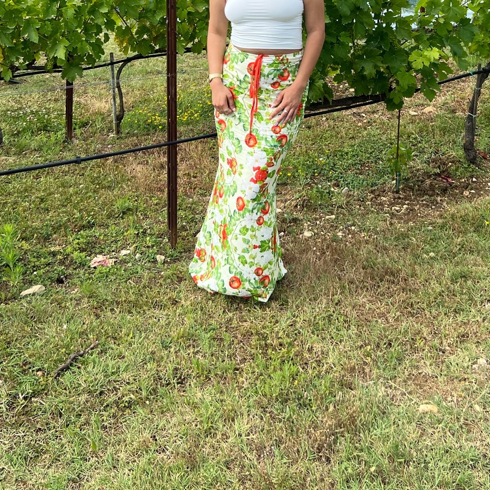 Princess Polly Cream Maxi Skirt with Green & Red Floral Print